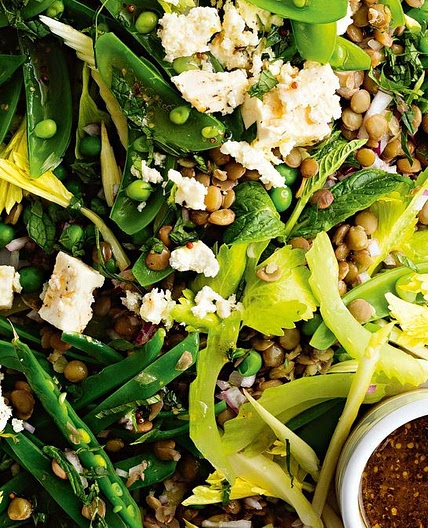 French lentil and pea salad with honey and mustard dressing