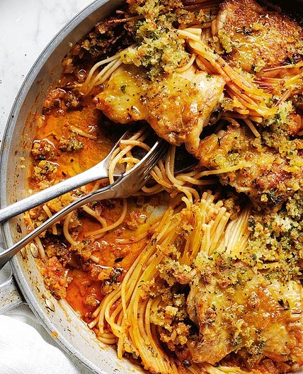 Yotam Ottolenghi's one-pan crispy spaghetti and chicken