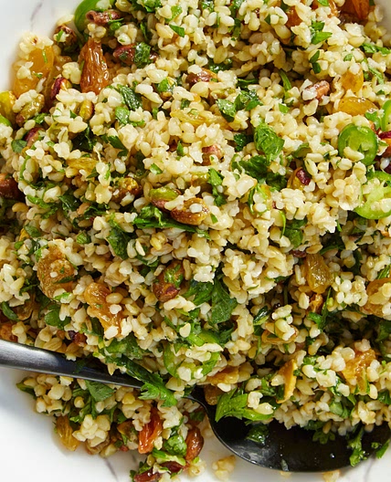 Farro with Pistachios, Mixed Herbs, and Golden Raisins