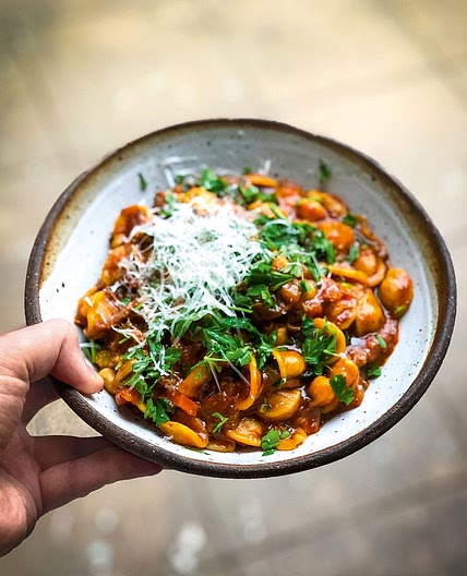 Orecchiette and chickpea tomato soup