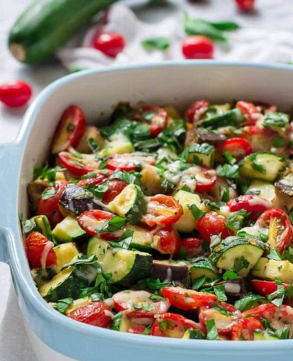 Tomato Eggplant Zucchini Bake with Garlic and Parmesan