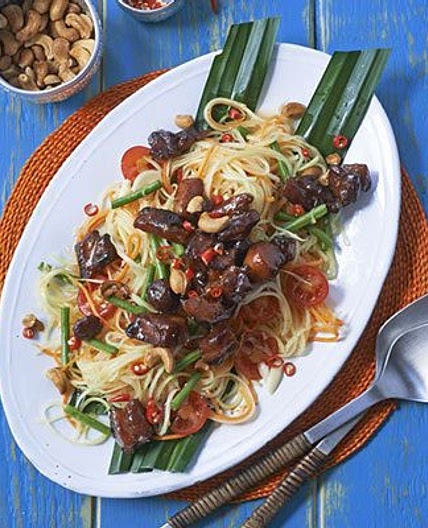 Sticky pork belly with green papaya salad & chilli lime dressing