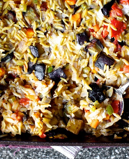 baked orzo with eggplant and mozzarella