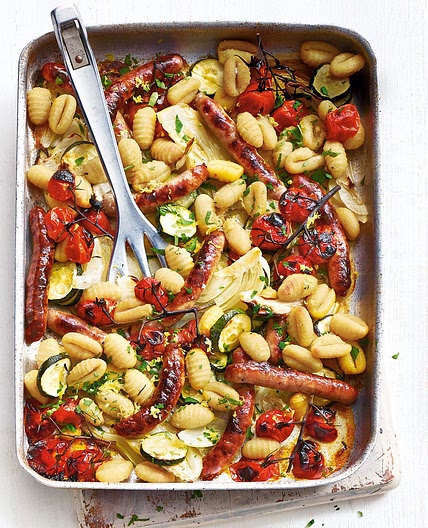 Mediterranean sausage, vegetable and gnocchi traybake
