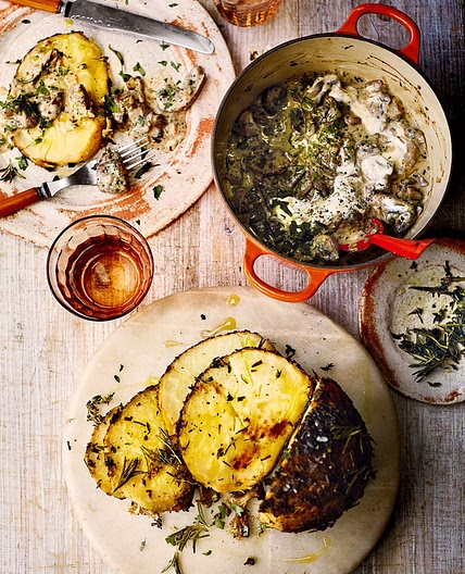 Whole roasted celeriac in porcini butter