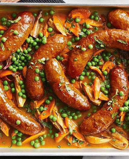 Super-easy curried sausage tray bake recipe