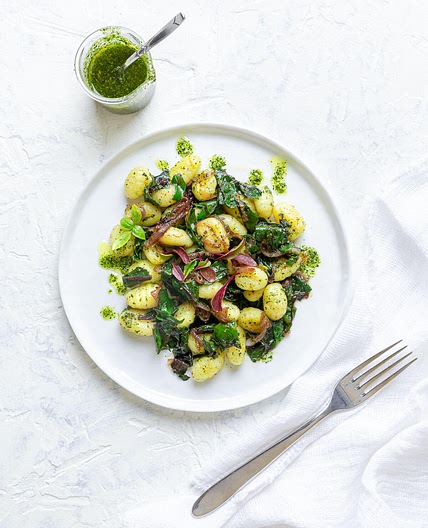 Gnocchi with Sautéed Swiss Chard and Kale Pesto