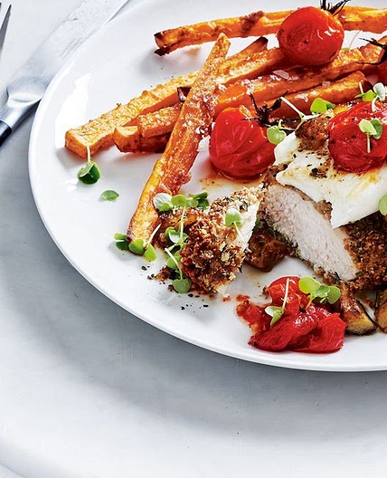 Rye chicken parmigiana with sweet potato fries