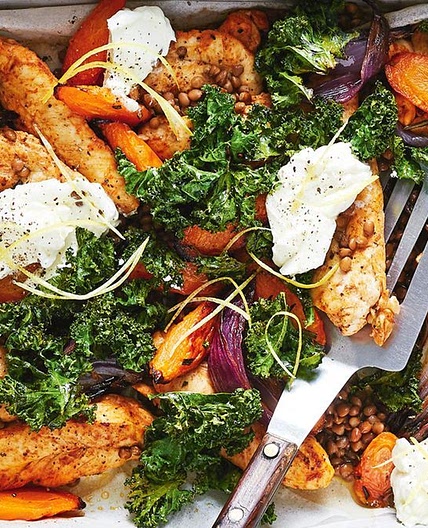 Healthy harissa chicken, lentil and kale tray bake recipe
