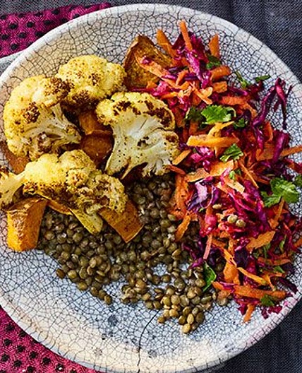 Sweet potato & cauliflower lentil bowl