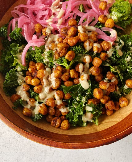 Kale Tahini Caesar Salad with Chickpea Croutons