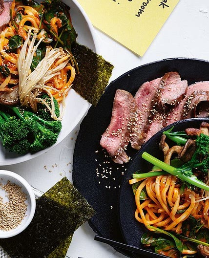 Sesame beef with gochujang udon noodles