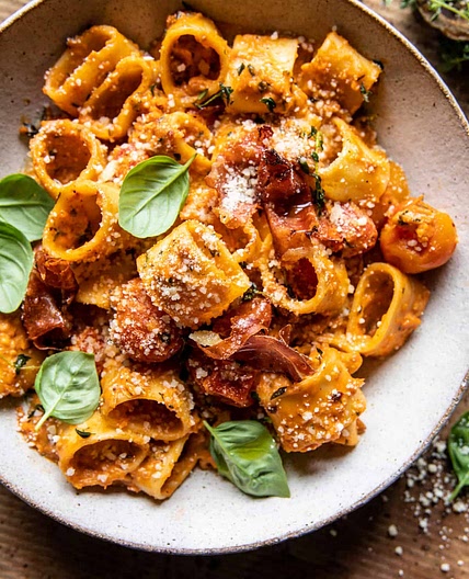 Creamy Roasted Tomato Ricotta Pasta with Crispy Prosciutto