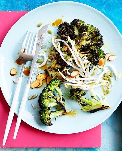 Barbecued broccoli with vine leaf butter