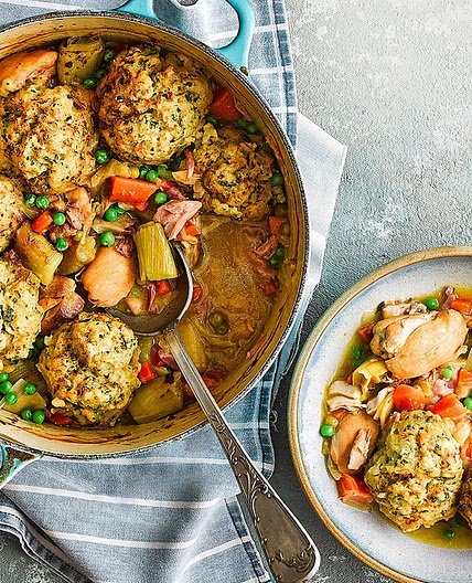 Chicken & ham casserole with mustardy dumplings