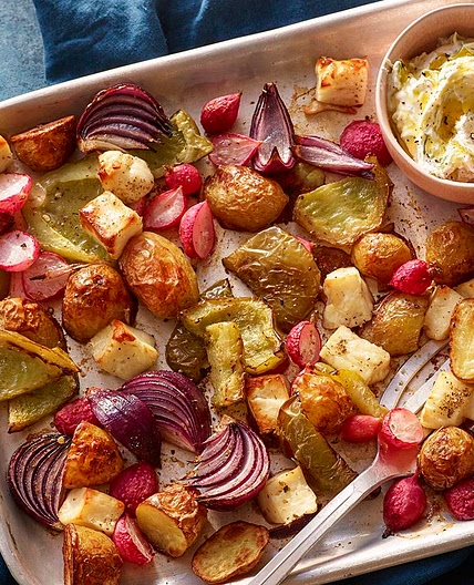 Vegetable and halloumi traybake with tzatziki
