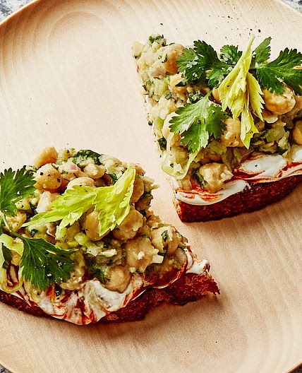 Smashed Chickpeas on Toast With Harissa Yogurt