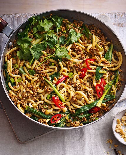 Black bean pork noodles with coriander and peanuts