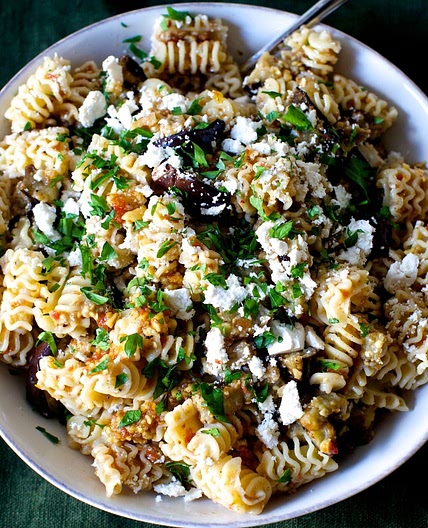 Charred Eggplant and Walnut Pesto Pasta Salad