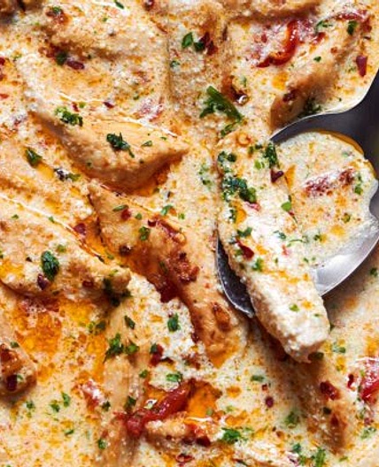 Skillet Creamy Chicken with Garlic Mozzarella Sun-Dried Tomato