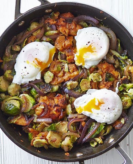 Sweet potato & sprout hash with poached eggs