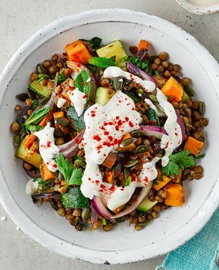 Lentil salad with tahini dressing