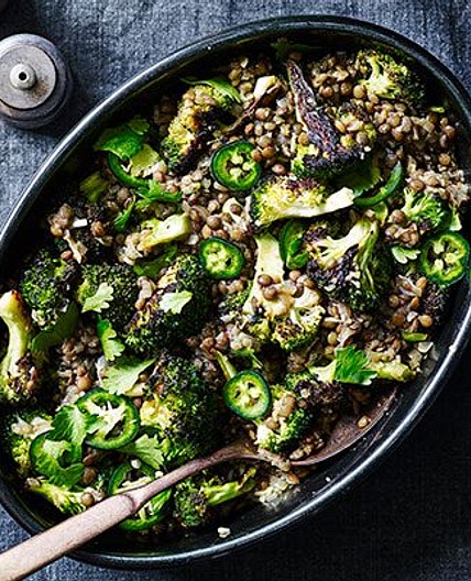Lentils with charred broccoli & ginger