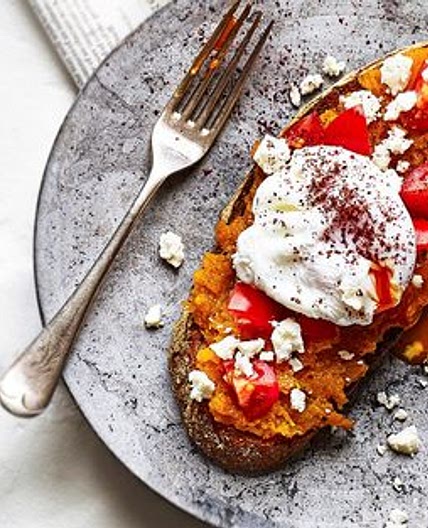 Squash toast with feta, sumac and poached egg