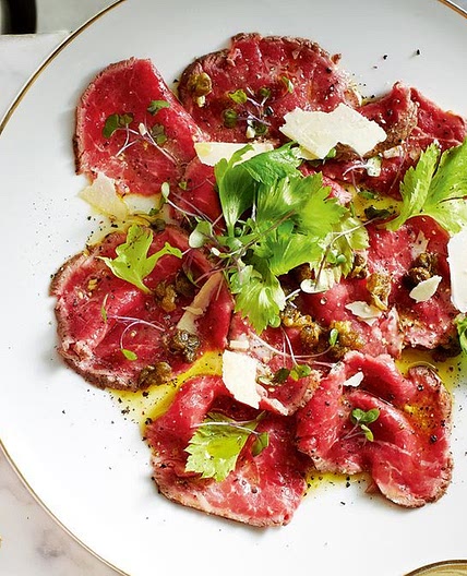 Beef carpaccio with crispy capers, pecorino and celery