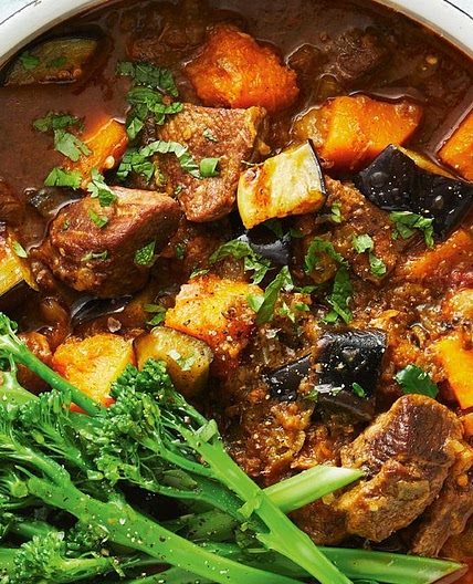 Slow-cooked lamb with pumpkin and eggplant recipe