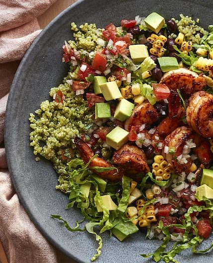 Avocado Shrimp Quinoa Bowl with Cilantro Vinaigrette