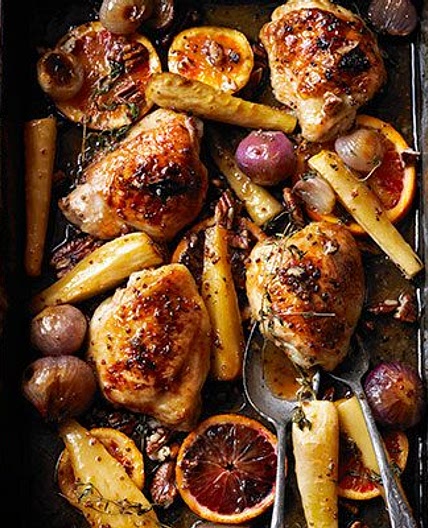 Sticky orange chicken with parsnips, maple & pecans