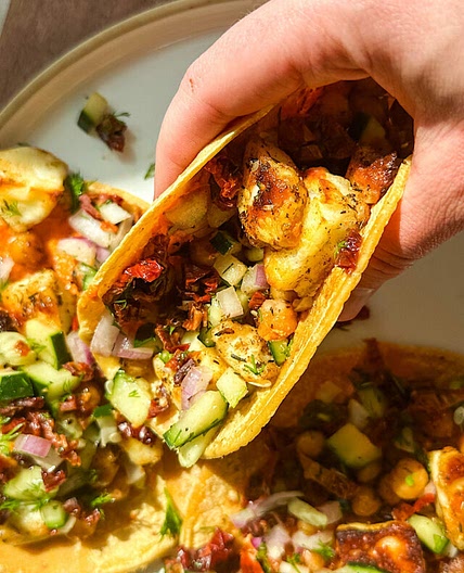 Halloumi and Chickpea Tacos with Cucumber Salsa