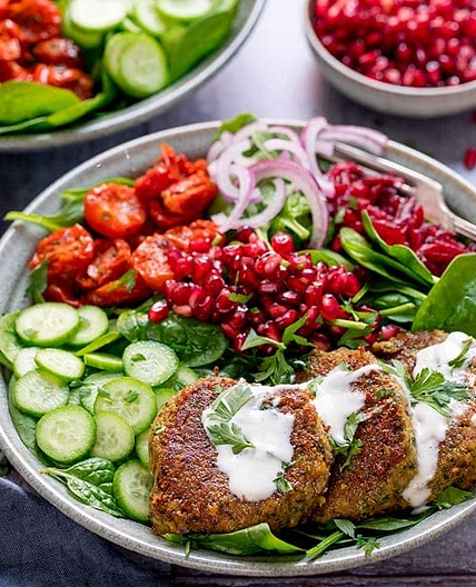 Falafel Salad Bowl with Creamy Feta Dip