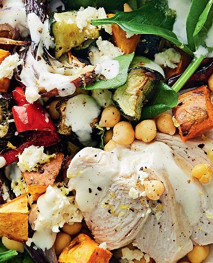 Creamy chicken and roast vegetable salad recipe