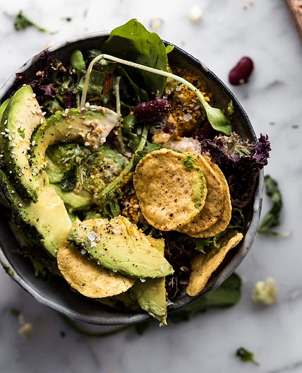 Vegan taco salad with yoghurt tahini dressing