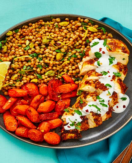 Yogurt-Marinated Chicken & Garlic Sauce plus Pistachio Couscous & Chili-Roasted Carrots
