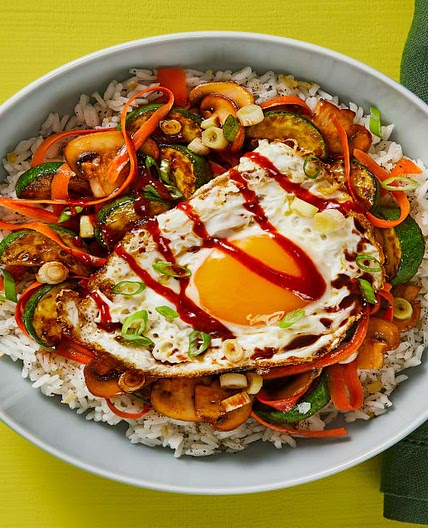 Veggie Bibimbap Rice Bowls with Sweet Sesame Sauce & a Fried Egg