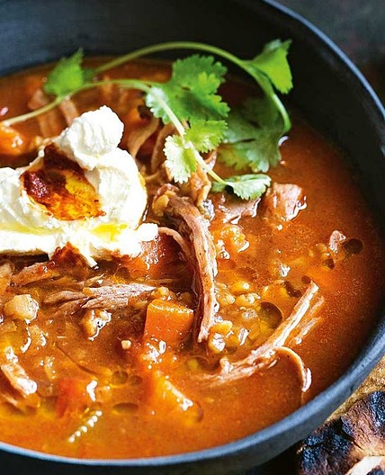 Slow-cooker spiced split-pea soup with harissa labneh