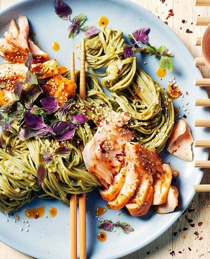 Green tea noodles with sticky sweet chilli salmon