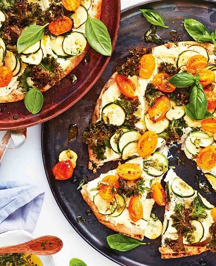 Speedy zucchini and ricotta pizza with crispy kale recipe