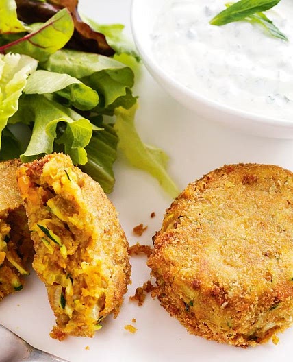 Curried lentil patties with minted yoghurt