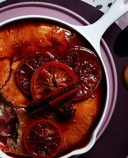 Vegan poached rhubarb and orange self-saucing pudding