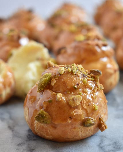 Choux Buns with Caramel and Pistachio