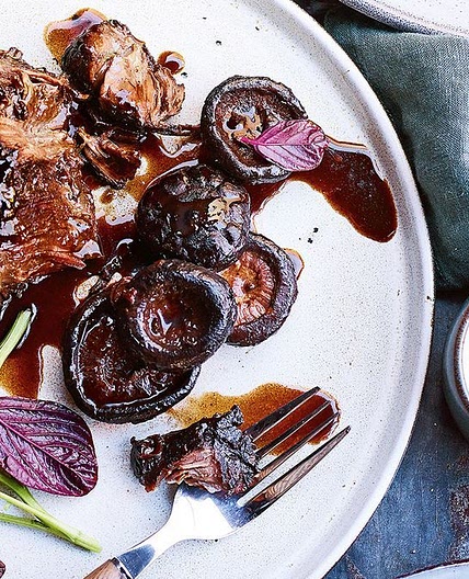 Slow-cooked beef cheeks with shiitake mushrooms