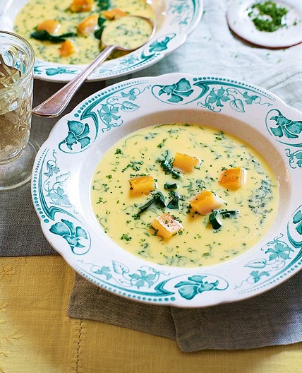 Smoked haddock soup with fresh herbs and spinach