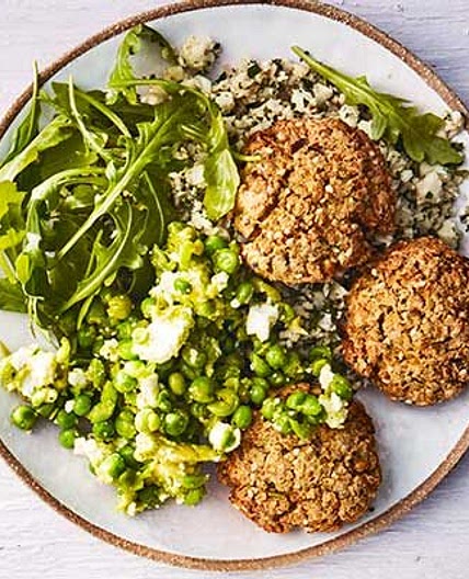 Baked falafel & cauliflower tabbouleh with avocado, pea & feta smash
