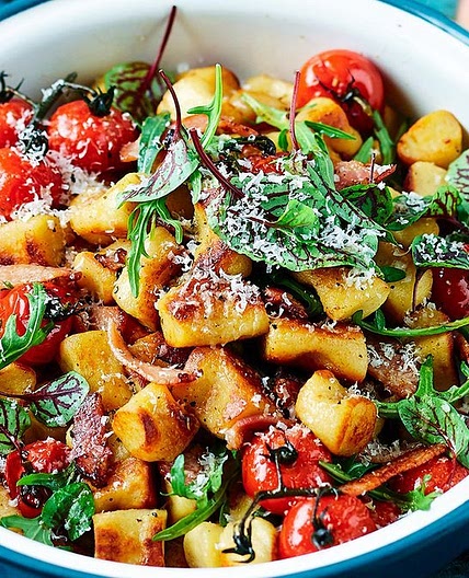 Pan-fried ricotta gnocchi, tomatoes and bacon vinaigrette