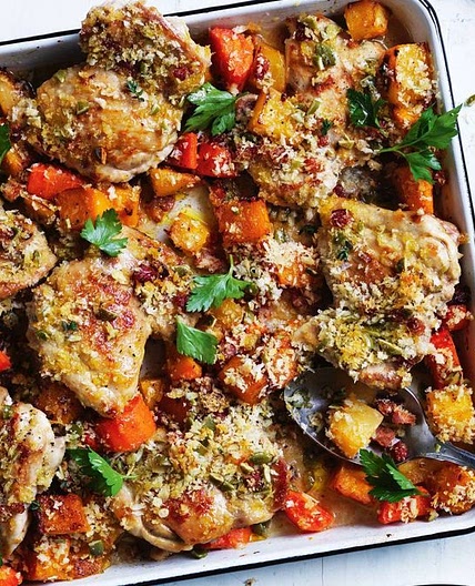 Baked chicken with pumpkin and chorizo