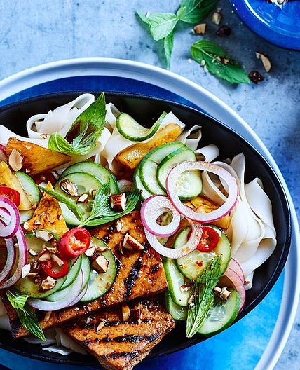 Marinated tofu noodle bowl with caramelised pineapple